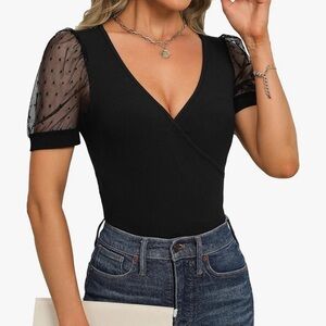 Chic V-Neck Blouse Sheer Sleeves - Black or Red